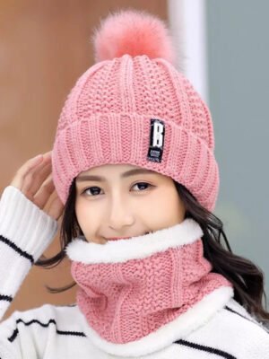 2 Pcs Beanie Hat Scarf Set Women's Winter Warm Knitted With Fleece Lining