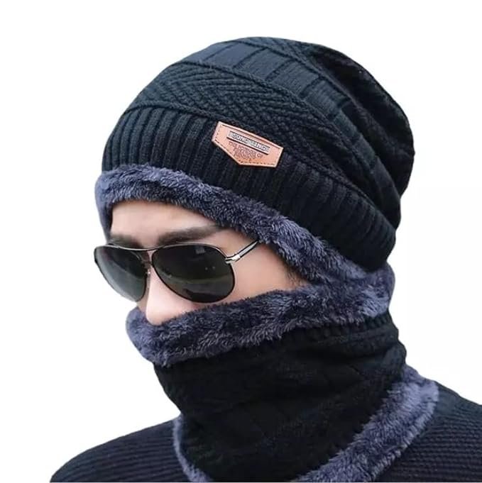 2 Pieces Winter Black Wear Woolen Knit Beanie Hats Cap with Neck