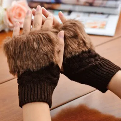 Women Winter Warm Brown Color Glove Faux Rabbit Fur Hand Wrist Warmer  Fingerless Gloves Mittens For Ladies Half-Finger Gloves 