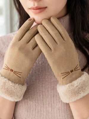 1 Pair Women Warm Touchscreen Suede Glove with Fur Cuff